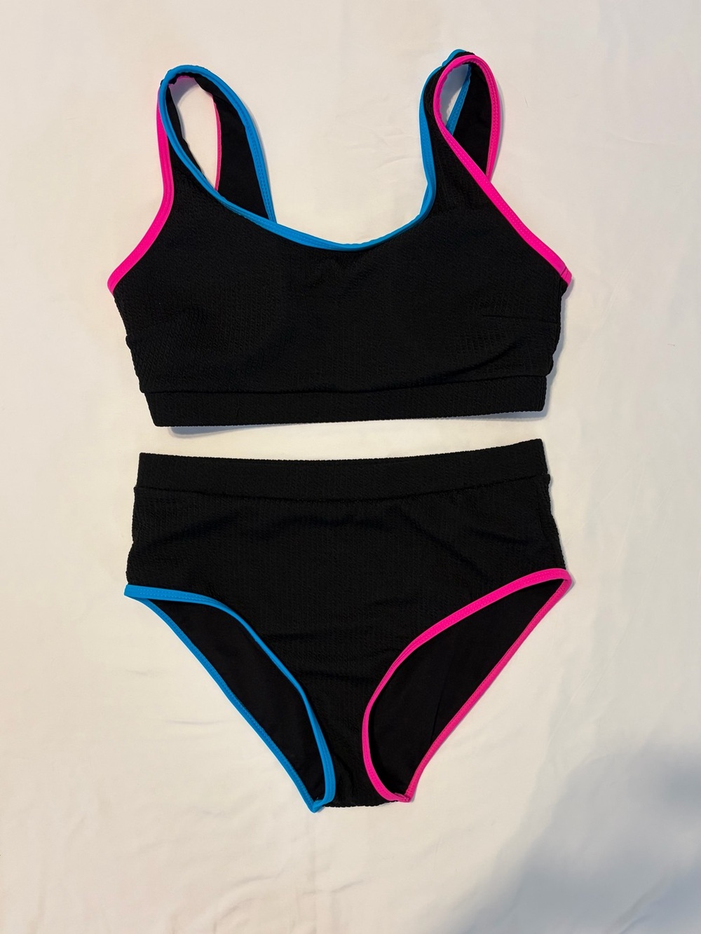 Ashley Graham Swimsuits For All Black High Waist Bikini w/ Blue & Pink Neon Trim